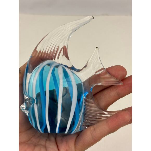 Handblown Art Glass Angelfish Paperweight – Blue & White Striped Figurine - Picture 16 of 16